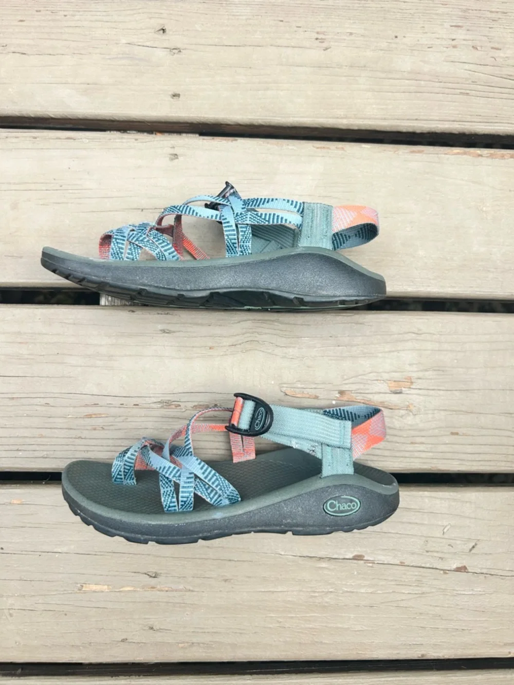 Chaco Teal and Coral Webbing Strapped Sandals | Size EU 38 / US 7